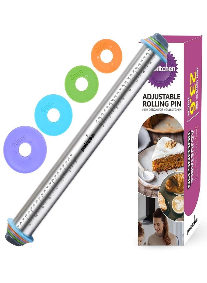 PROKITCHEN Adjustable Rolling Pin with Thickness Rings for Baking, Adjustable Stainless Steel Designs Dough Roller Pins for Cookie Decorating & Dough Pizza Pie Adjustable Long Rolling Pin 23.6 Inch - Image 1